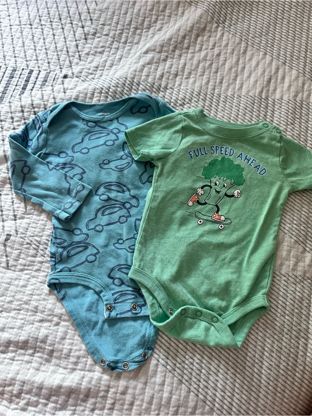 Carter's Green Broccoli Skateboard One-Piece & Blue Car Print Bodysuit
